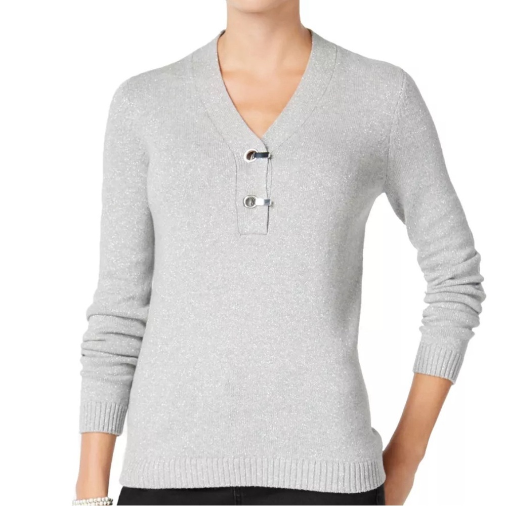 Charter Club Women's Metallic Cotton Henley Gray‎ Silver Sweater Sparkly XS New